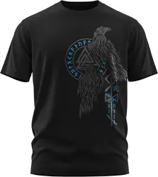 Odin Raven Hugin and Munin Valknut Rune Norse Mythology T-Shirt 100% Cotton O-Neck Short Sleeve Summer Casual Mens T-shirt