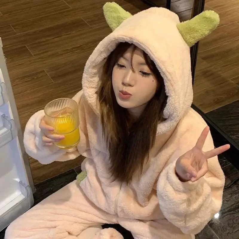 

Autumn Winter Girl's Cute Sleepcoat Homewear Pajama Thickened Flannel Coral Fleece Nightgown Women's Long Sleeve Pants Outerwear