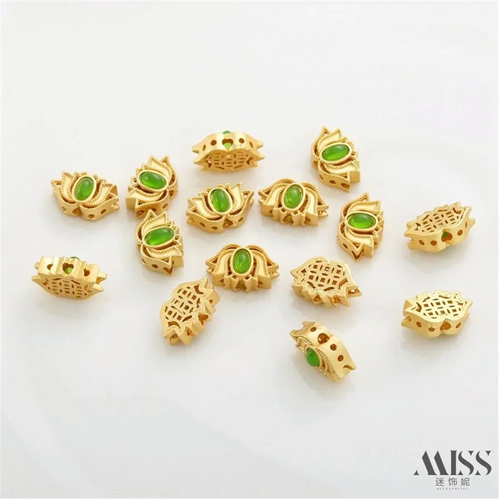 18K Gold Bag Color Matte Gold Inlaid with Emerald Lotus Beads Transfer Beads DIY Bracelet Necklace Hollow Jewelry Accessories view 4