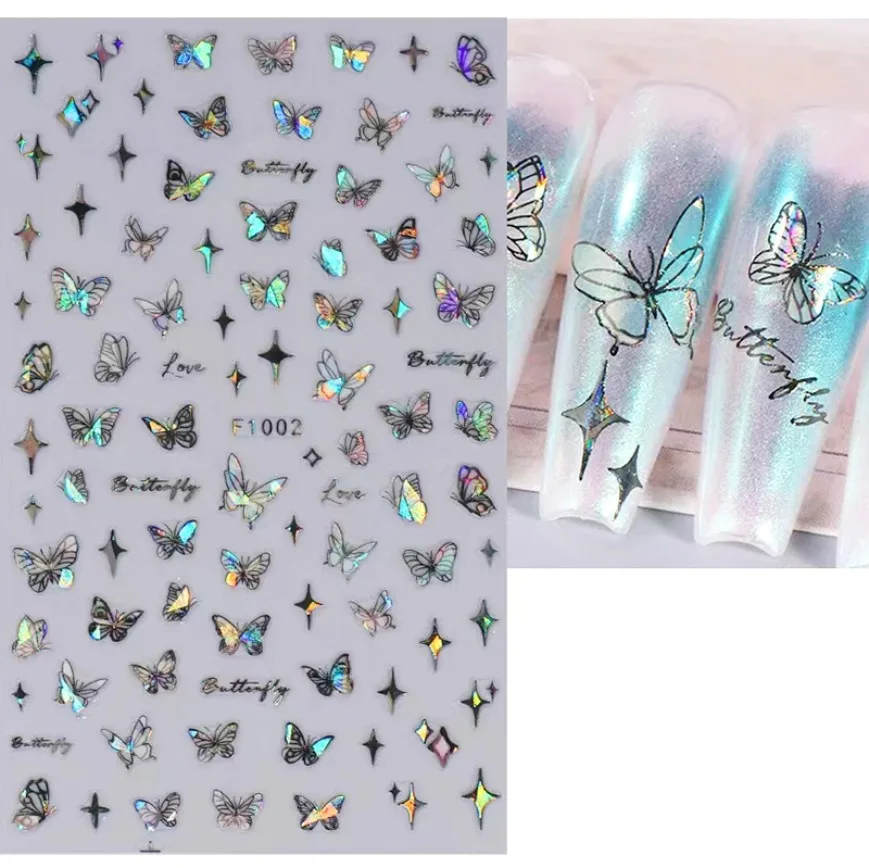 Shell aurora borboleta adesivos para nail art, oco, líquido, laser, borboleta, estrelas, adesivo de volta, decorações