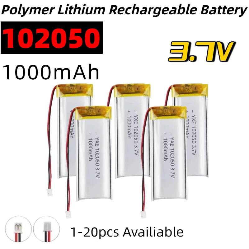 102050 3.7V 1000mAh Li-Po Rechargeable Battery JST PH2.0 Plug High Capacity for Camera GPS Navigator MP5 Headset
