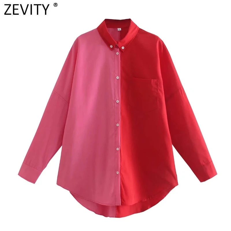 Zevity Women Fashion Color Matching Loose Blouse Office Ladies Long Sleeve Buttons Leisure Shirts Chic Street Blusas Tops LS9956