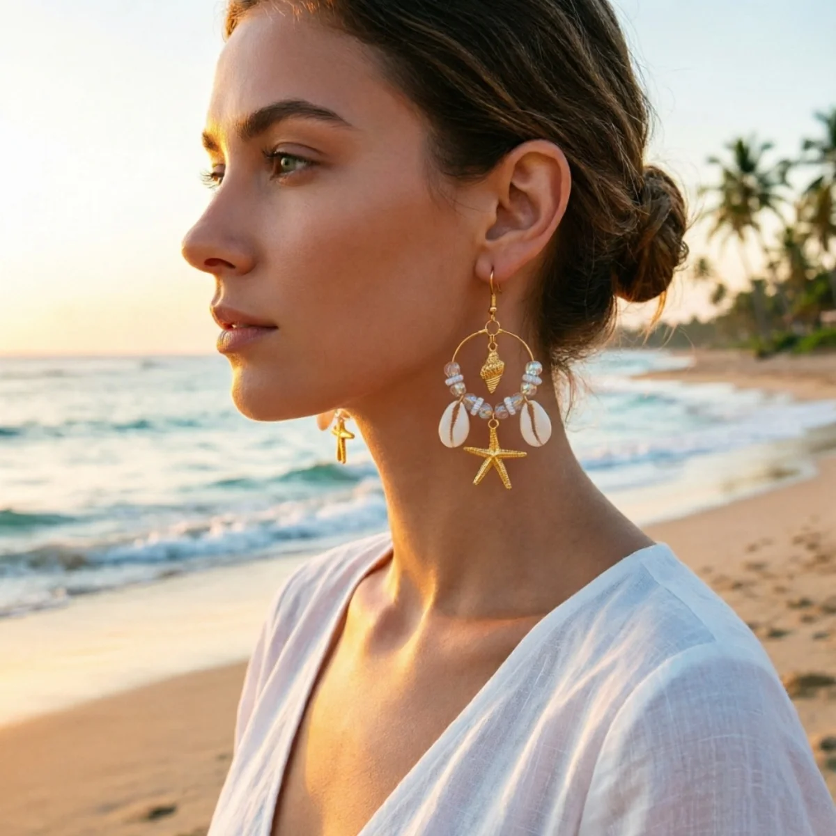 Kristall-Kreis Muschel Seestern Quasten-Ohrringe für Damen und Herren Boho Ozean Seepferdchen Ohrringe Trendiger Sommer-Strandschmuck – Detail 10