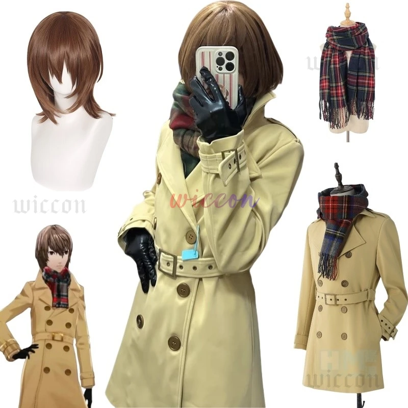 Game Persona 5 P5 Akechi Goro Cosplay Costume Wig Winter Version Coat Brownish Yellow Uniform Men Wig Scarf Coat Customized