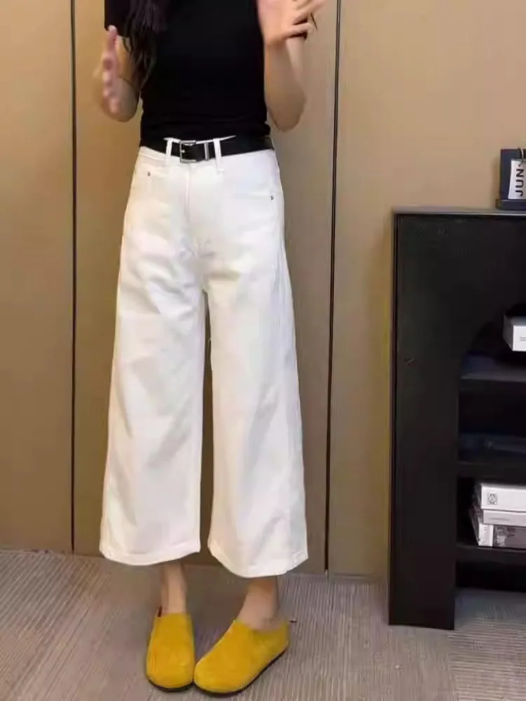 

Прямые белые джинсы с высокой талией, женские тонкие широкие брюки, осенние модные утягивающие джинсы больших размеров с девятью точками