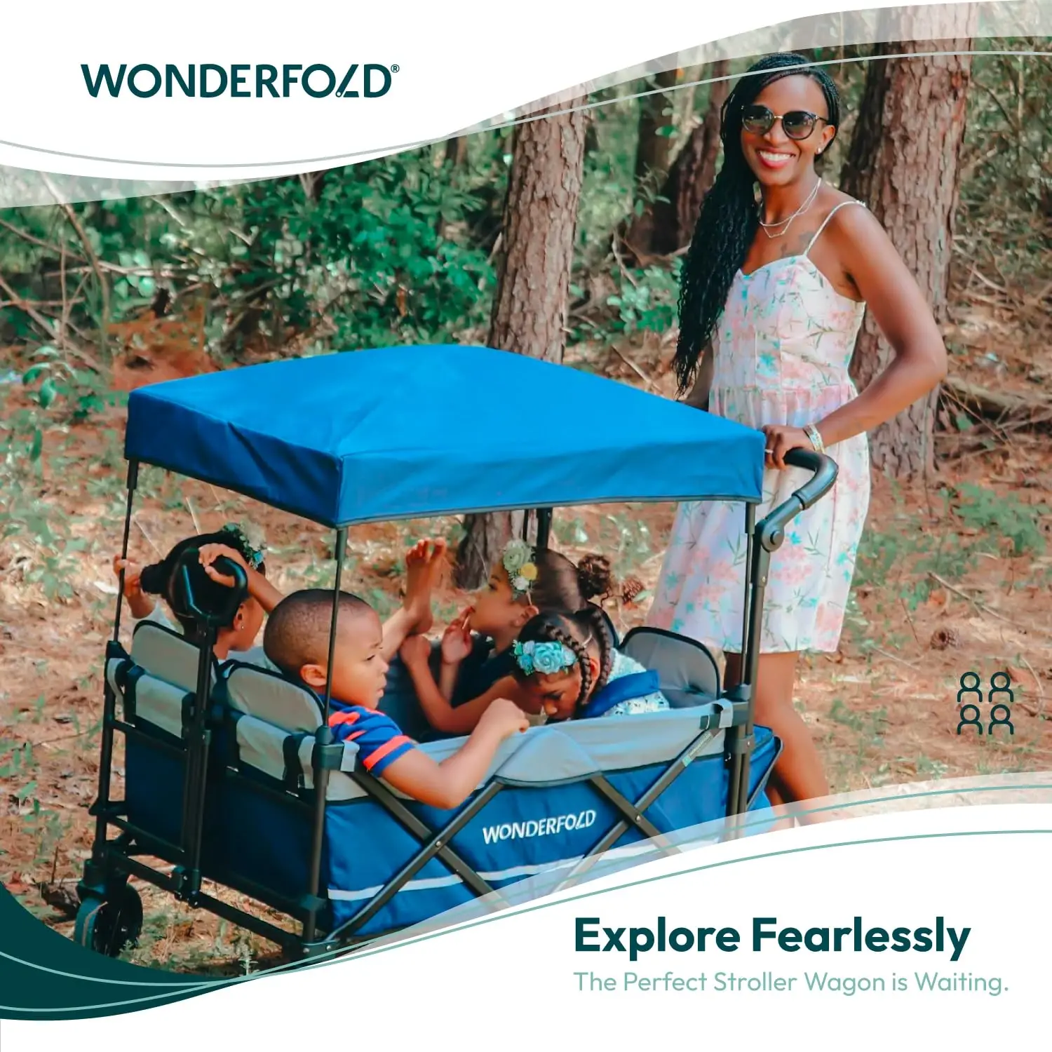 WONDERFOLD X4 Push & Pull Stroller Wagon (4 Seater) - Collapsible Wagon Stroller with Seats with 5-Point Harnesses, Adjustable P