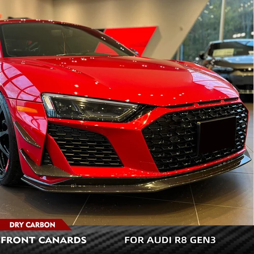 アウディ R8 V10 2023 GEN3 ドライカーボン車のフロントバンパートリムカナードスプリッターフィンスポイラー 4 個車のステッカーフロントレーシングカナード