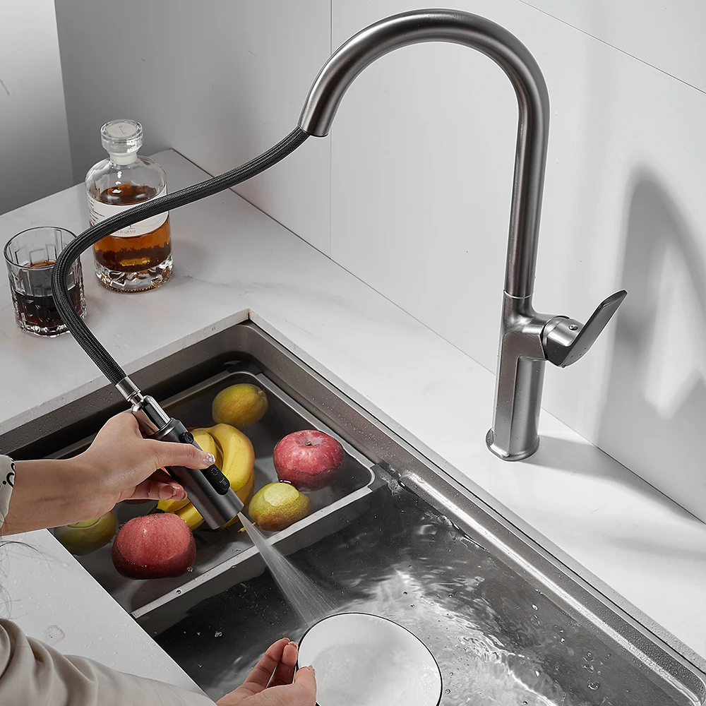 TOLM Gray Kitchen Faucet Pull Out Kitchen Sink Water Tap Single Handle Mixer Tap 360 Rotation chrome Kitchen Shower Faucet