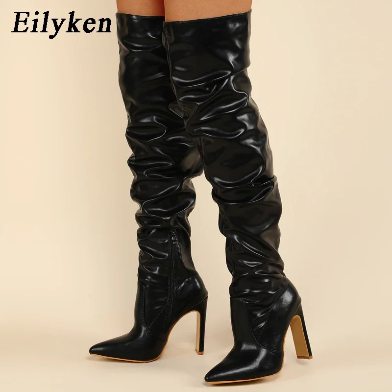 Eilyken Retro Winter Women Long Knee-High Boots Pleated Square High Heel Sexy Zipper Party Nightclub Lady Shoes