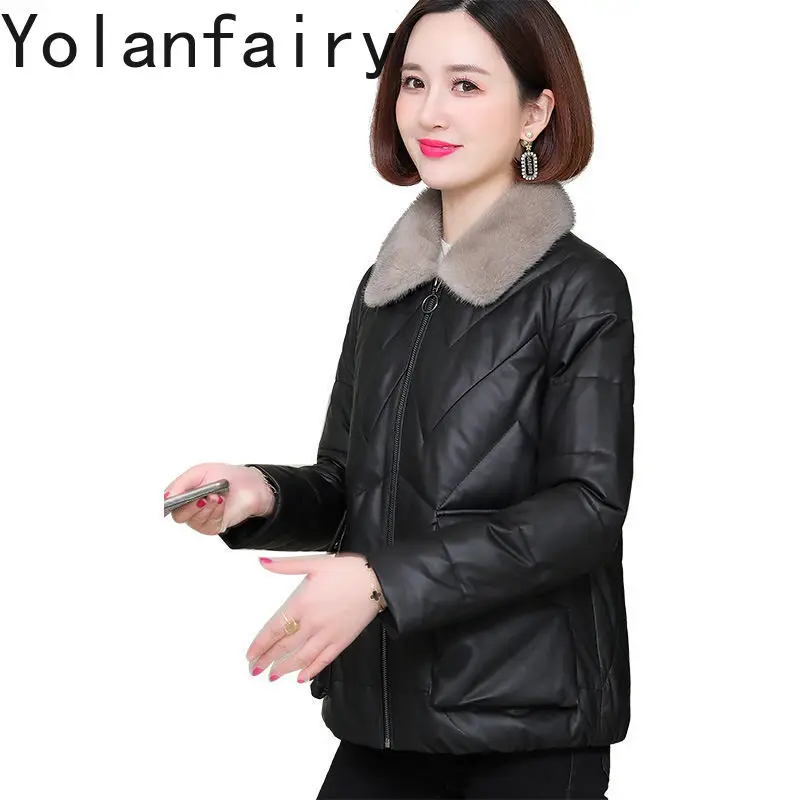 

YOLANFAIRY Leather Jackets Women Genuine Sheepskin Coats Short Winter White Duck Down Liner Jacket Mink Fur Collar Clothes New