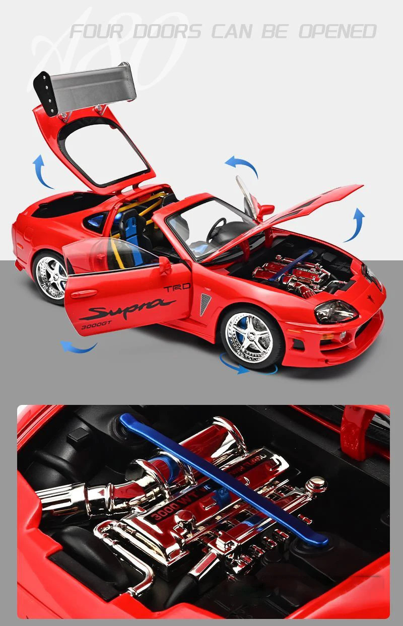 1:24 Brian Supra A80 JDM Supercar Alloy Car Model Sound and Light Pull Back Car Model Collectibles Birthday Gift