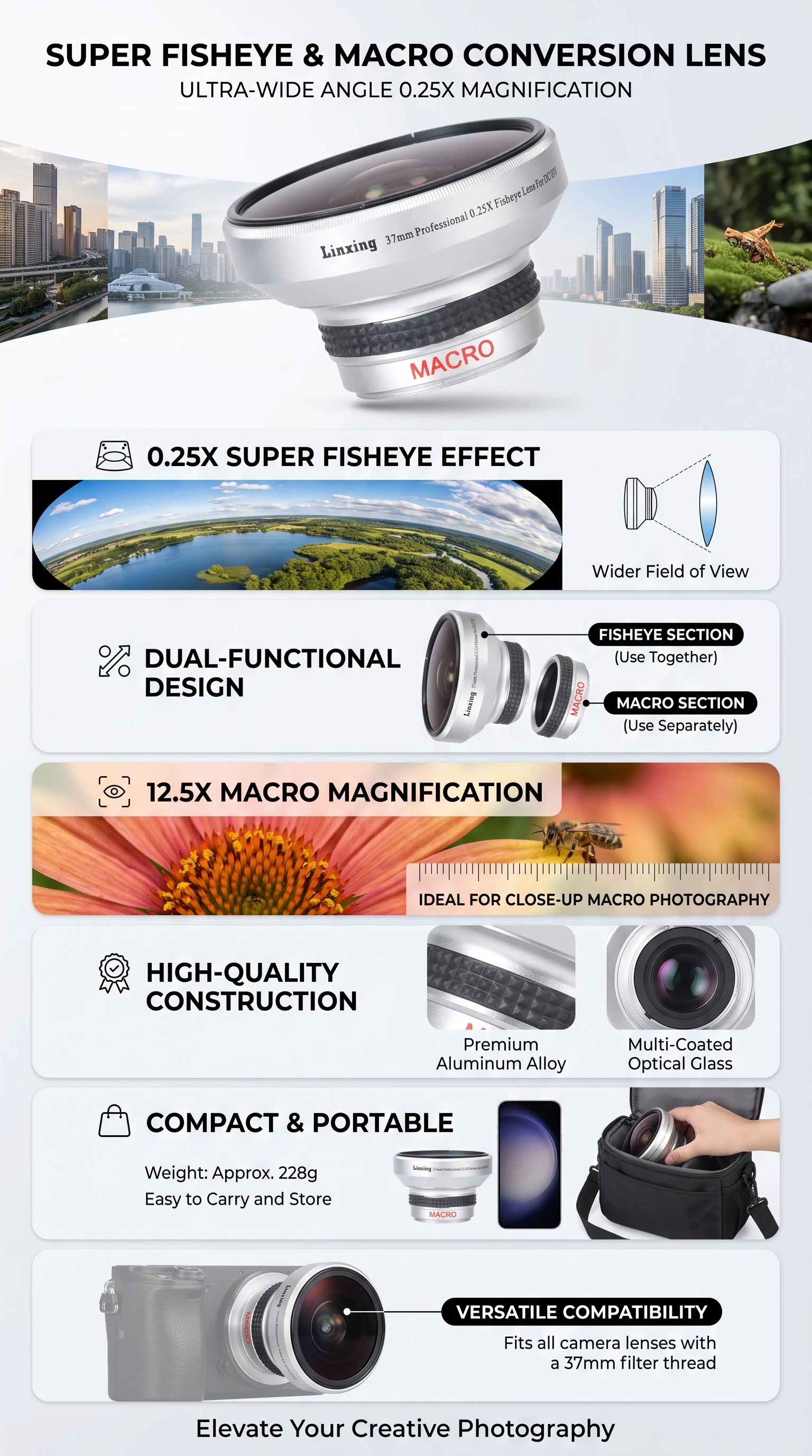 37 mm 0,25 x Fisheye-Zusatzsilber, starke Anwendbarkeit, Fisheye-Objektiv, Kamera, Silber, für Fotografen, Geschenk, Kamerazubehör – Detail 1