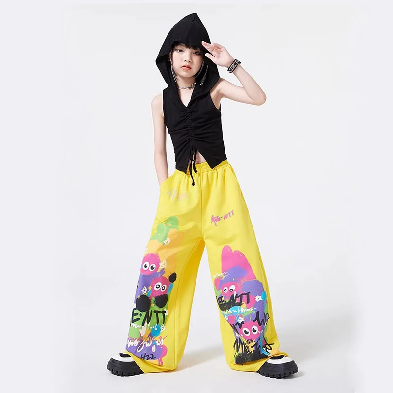 

Kid Hip Hop Clothing Black Drawstring Crop Hoodie Tank Top Yellow Print Casual Wide Baggy Pants for Girls Dance Costumes Clothes