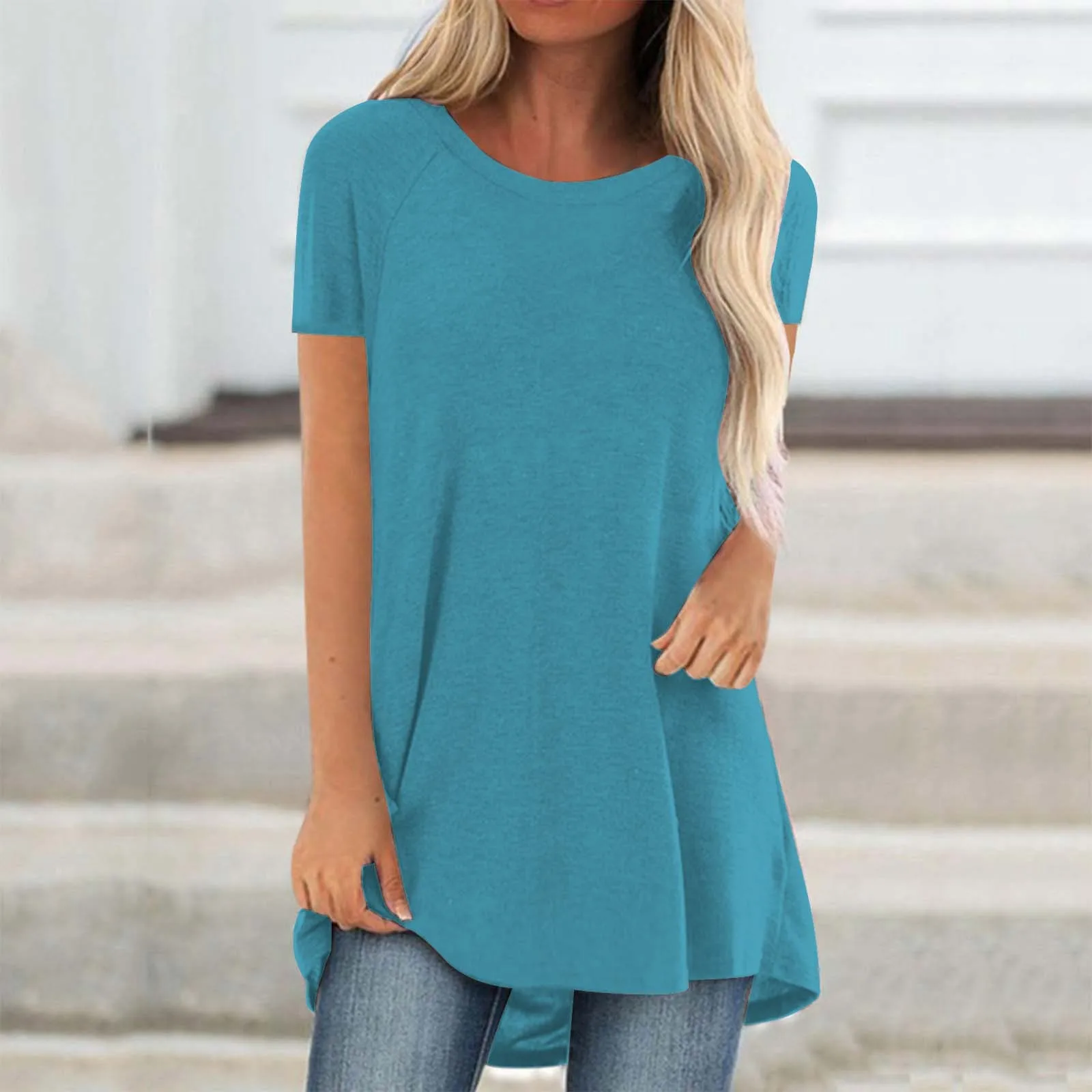 Plus Size 2024 New Women's Tunic Soild Fashion Long Shirts Round Neck Short Sleeve Casual Blouses Summer Women Clothing Blouse