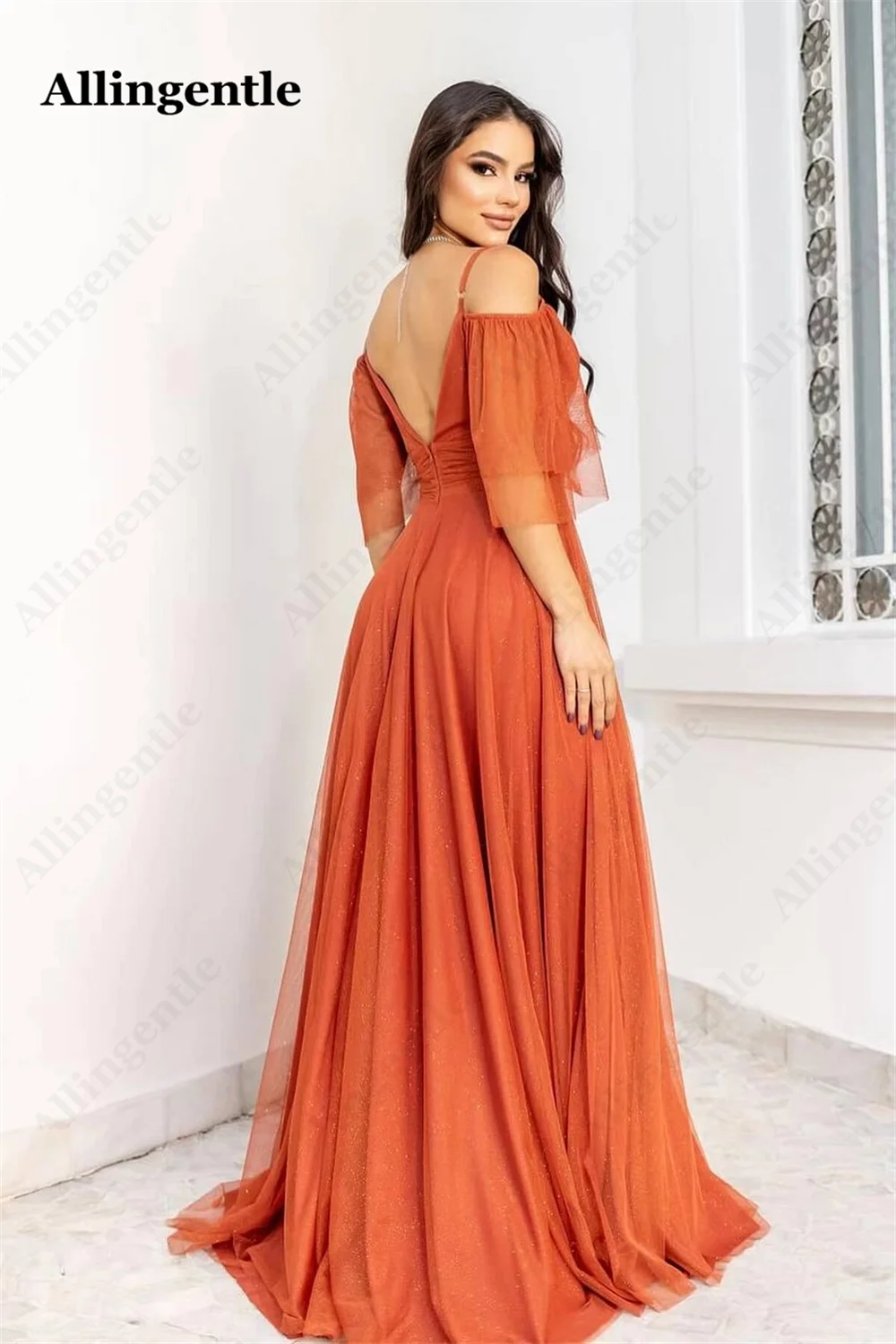 Allingentle Orange Tulle Spaghetti-Straps Prom Dress Deep V-Neck A Line Elegant Evening Formal Gowns Open Back Custom Made 2024