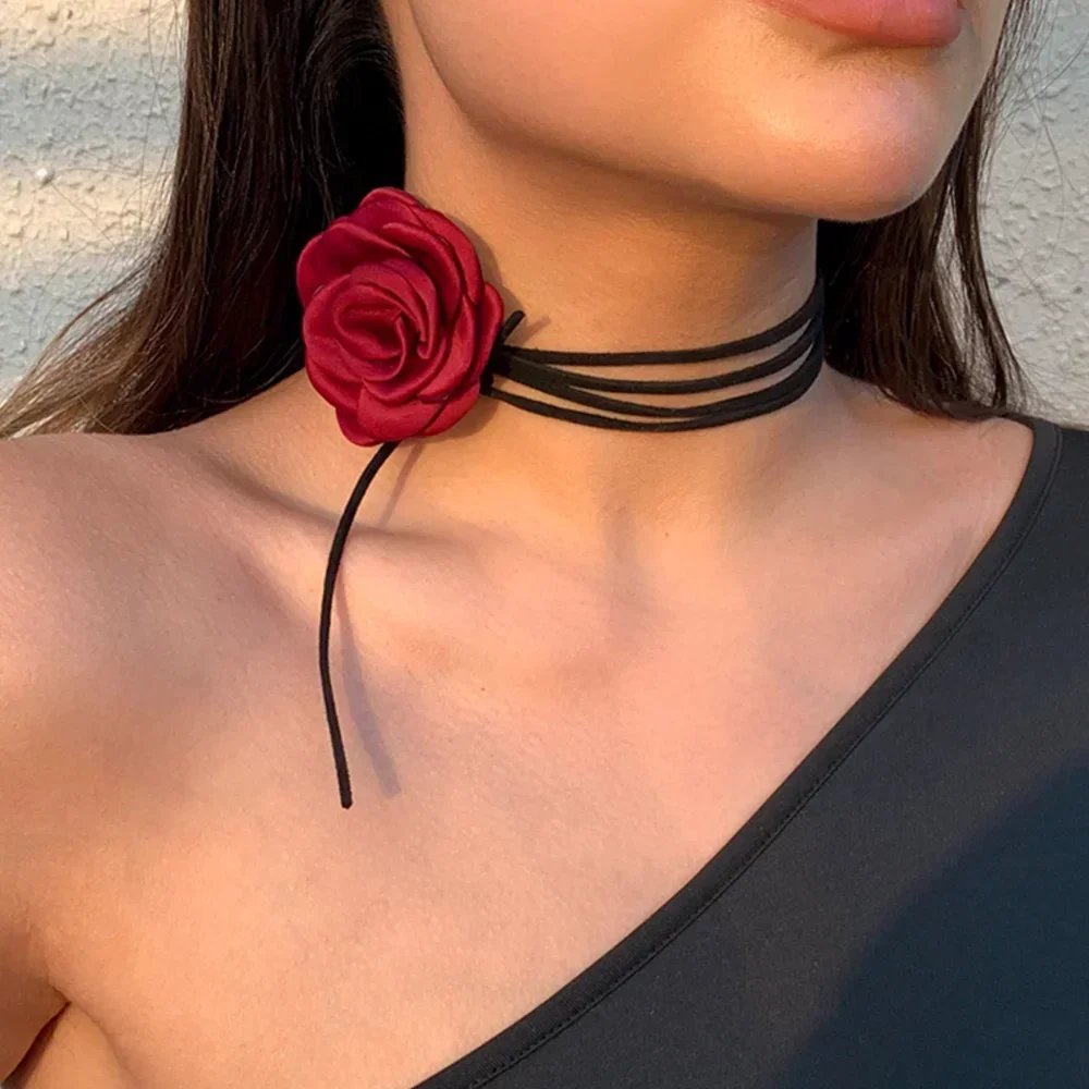 Romantische Gotische Grote Roos Bloem Sleutelbeen Ketting Voor Dames Koreaanse Mode Verstelbare Touw Choker Y 2K Accessoires