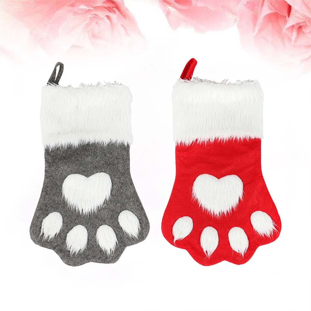 

2Pcs Dog Paw Christmas Stockings Gift Bags Grey Red Reusable Sack for Filling with Candies and Small Gifts