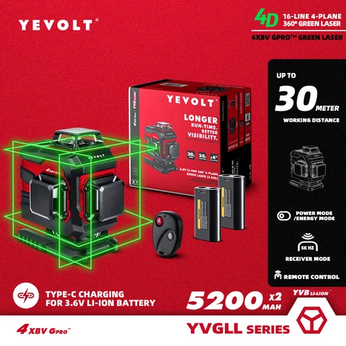 YEVOLT YVGLL4XS16PRODP 16 라인 4 면 녹색 레이저 레벨 도구, 4D, 2x5200mAh 파워 셀프 레벨링 수평 및 수직  Best5