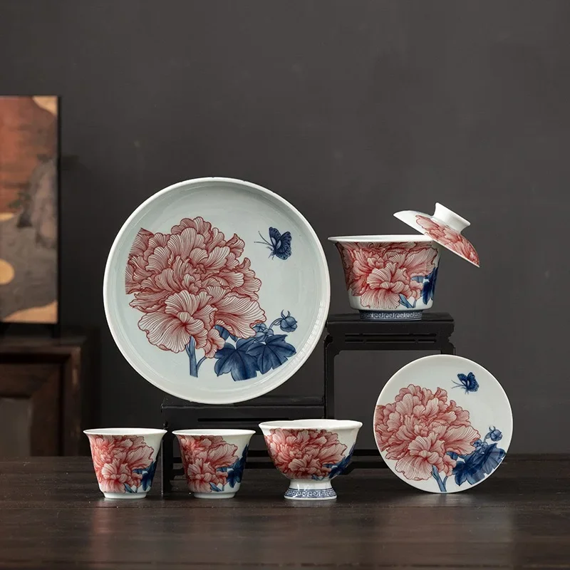 Blue and White Porcelain Peony TeaSet Kung Fu Teacup Hovering Cover Bowl Household Guest Ceramic Tea Bowl Tea Tableware Ornament