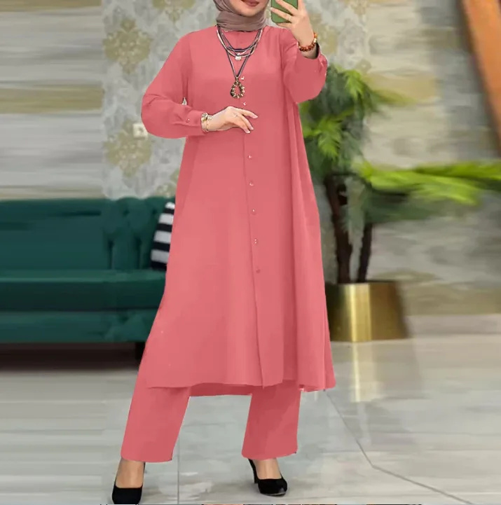 Ensemble Bescheiden Vrouwen Lange Jas Wijde Pijpen Broek Pak Islam Ramadan Marokko Dubai Moslim 2-delige Casual Kimono Arabische outfits