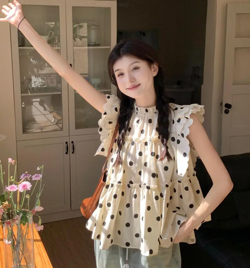 Sweet Pok Dot Flying Sleeve Blouse For Women's Summer 2023 New Korean Style Wood Ears Loose Casual Unique Small Shirt Top s611