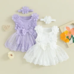 Infant Baby Clothing Girl Summer Outfits Sleeveless Round Neck Tulle Patchwork Lace Floral Romper with Headband 2 Pieces Set