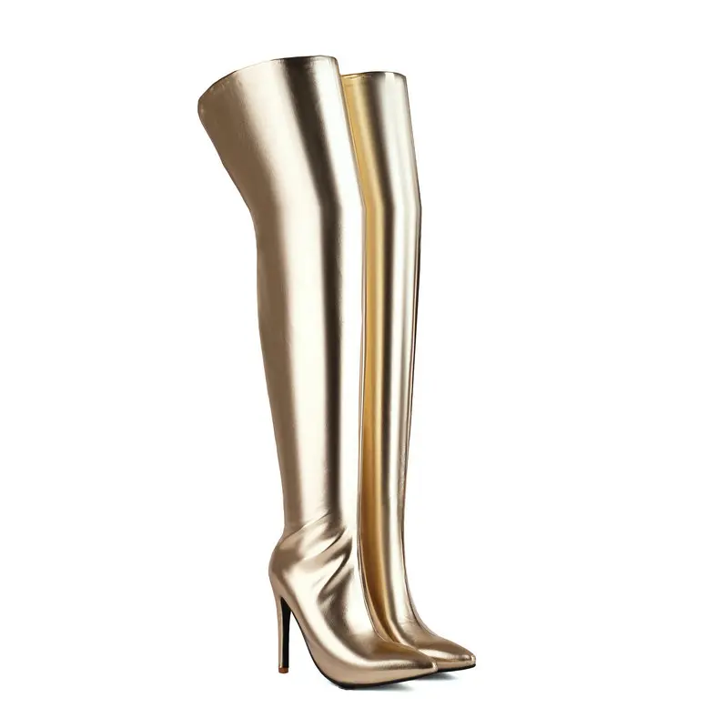 Big Size 46 47 Patent Leather Silver Gold Pointy Toe Overknees For Wide Calf Back Zipper Pointed Toe Thin High Heels Thigh Boots