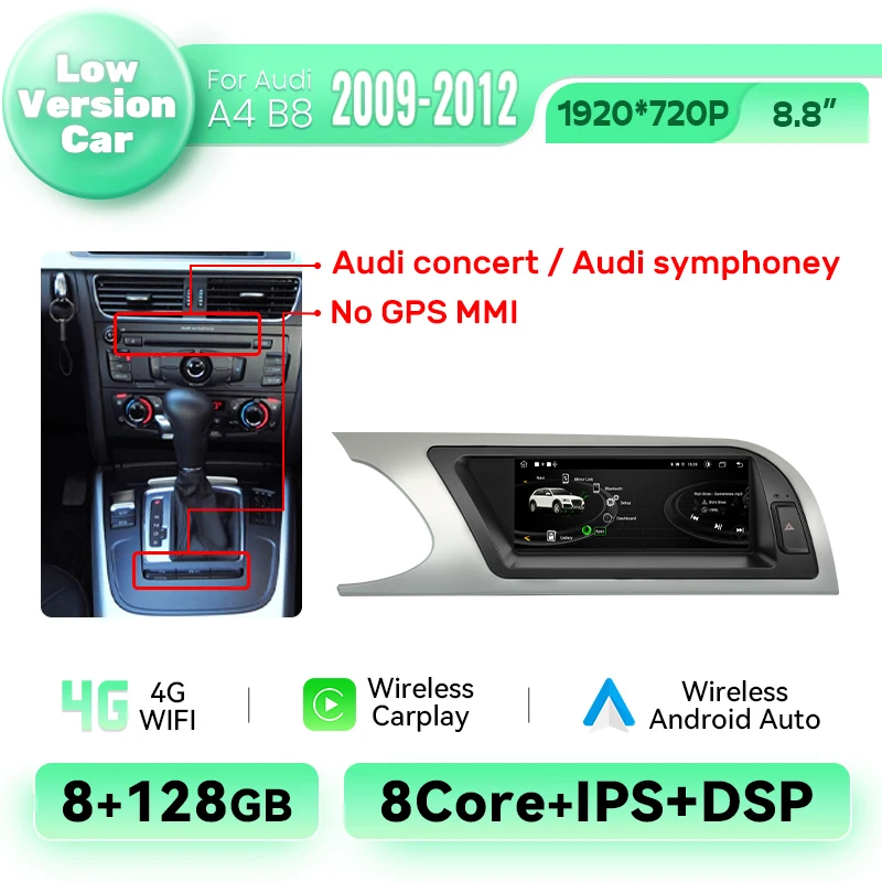 Xonrich 8.8 Inch Carplay Voor Apple Car Radio Multimedia Voor Audi A4 A4l B8 2009-2016 Draadloze Android Auto 4G Bluetooth Stereo