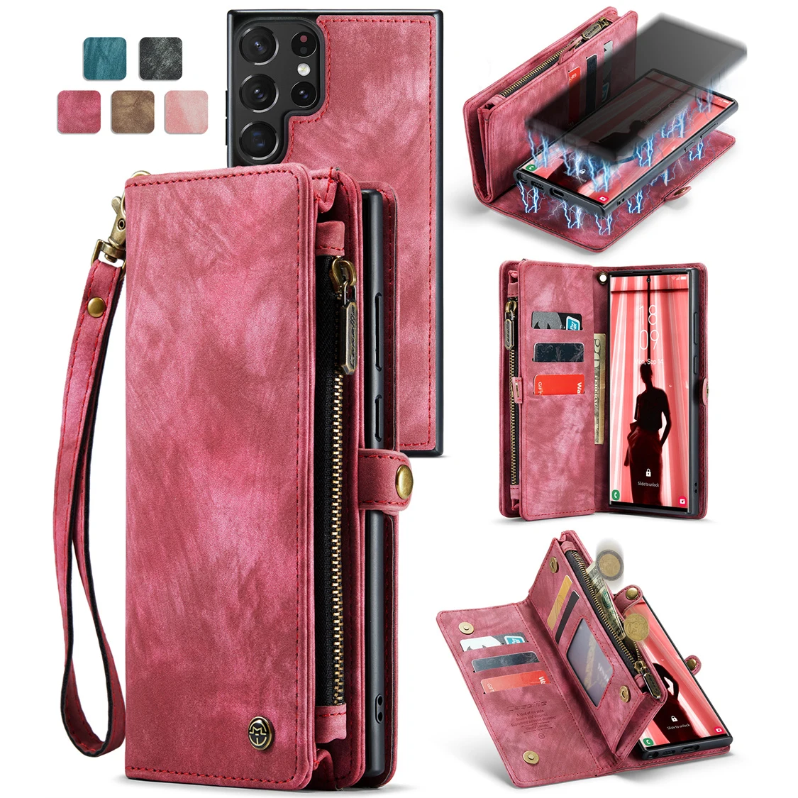 Detachable Magnetic Zipper Wallet Phone Case For Samsung Galaxy S21 S20 FE S22 Plus Note 20 Ultra A53 5G Card Slot Leather Cover