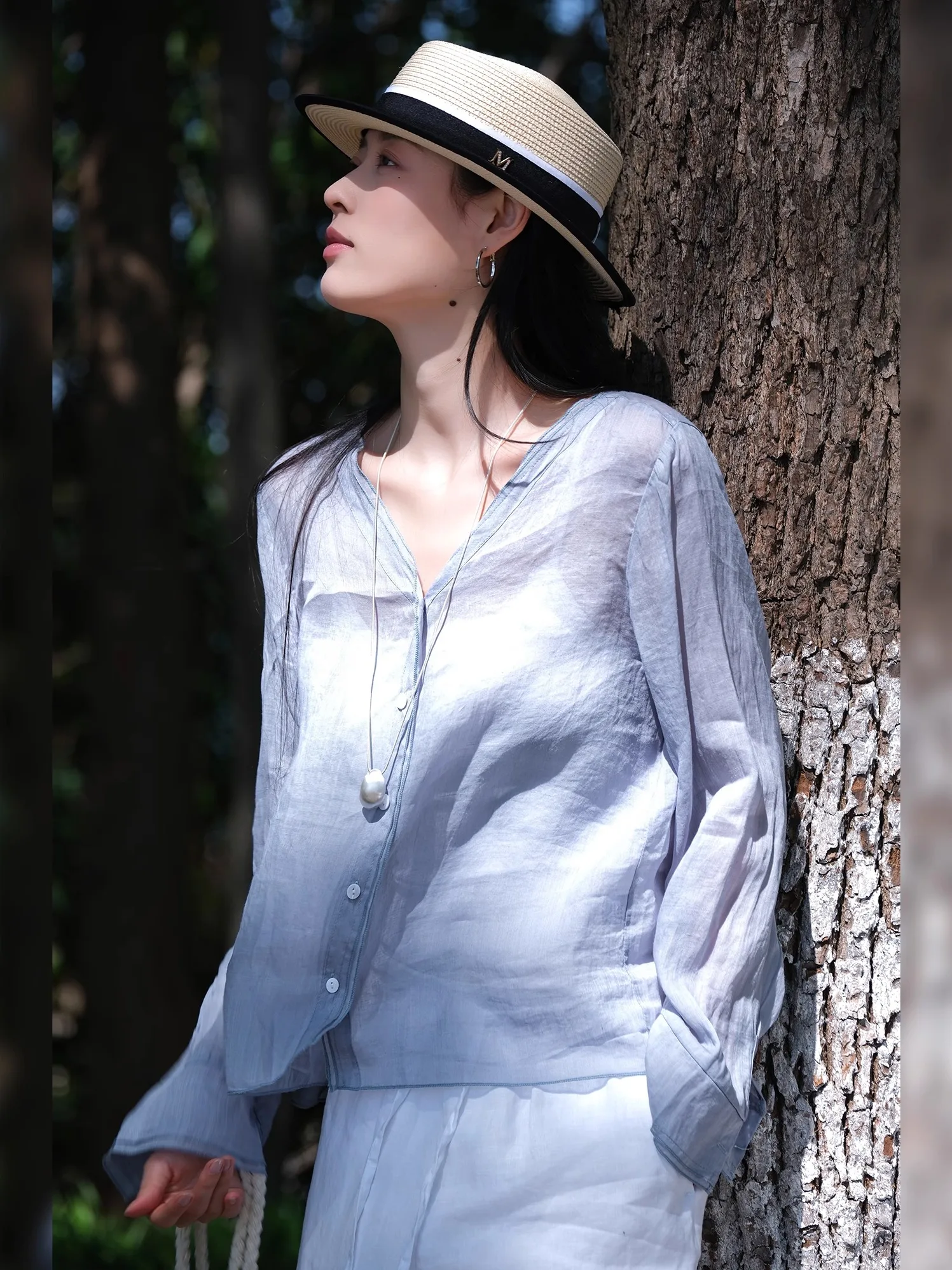 

Loose Fit Long Sve V-Ne irt Double Layer Door Panel Full Flax Linen Inner Crt Lightweight Cool Feeling Women's ...