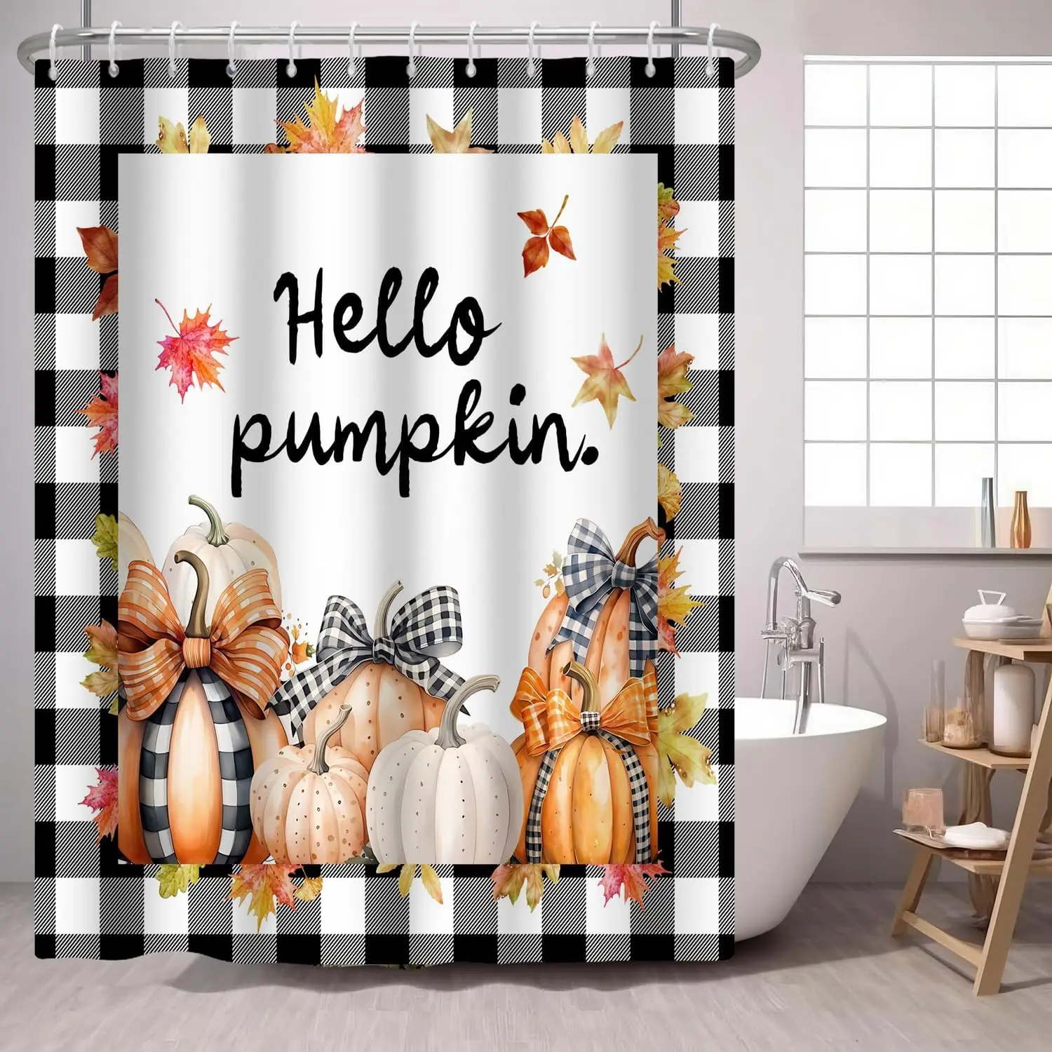 Fall Pumpkin Shower Curtain Buffalo Pumpkins Polka Dot Pumpkin Maple Leaf Autumn Harvesting,Black White Check Fabric BathCurtain