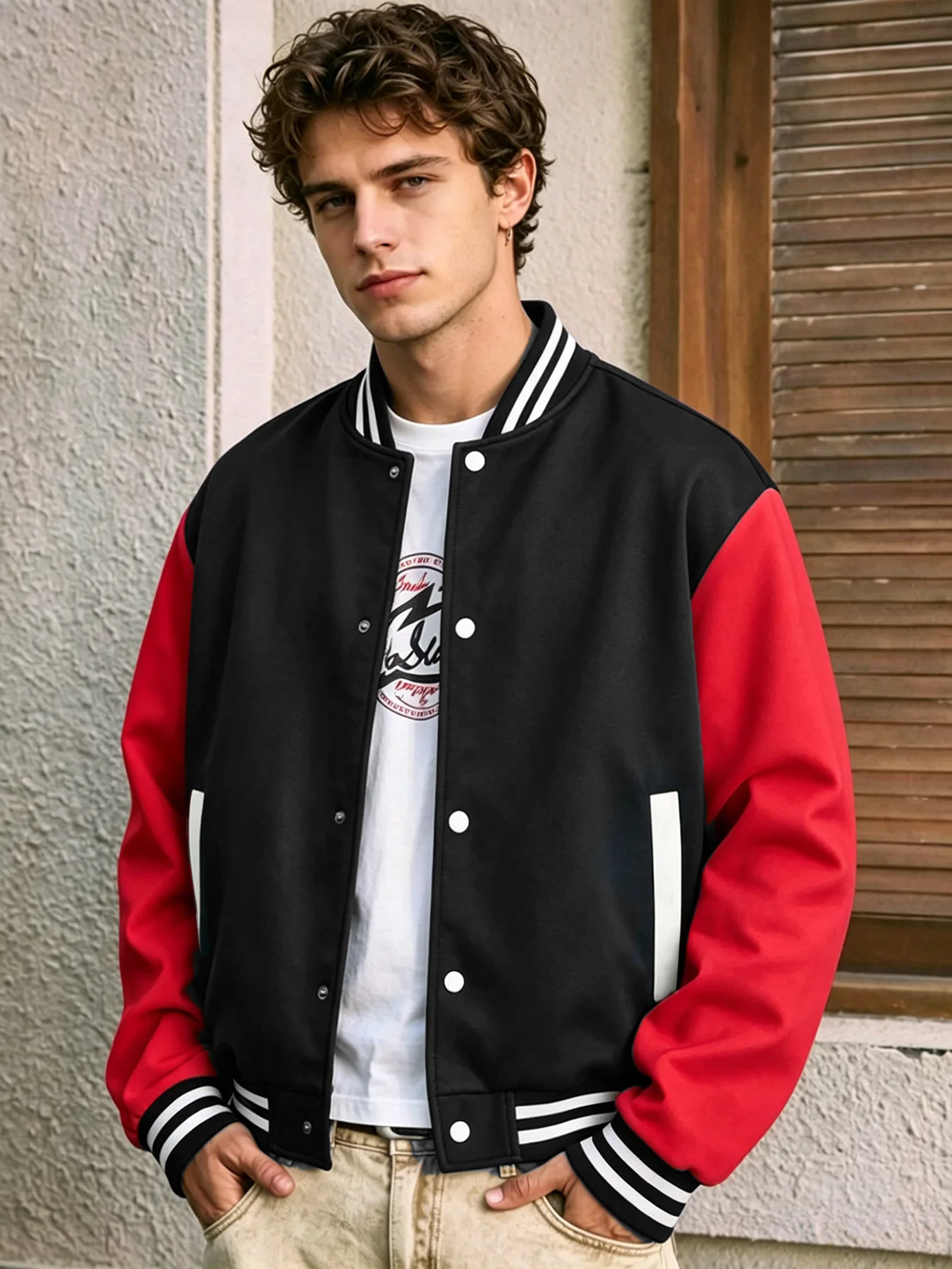 Men Colorblock Raglan Sleeve Varsity Jacket Striped Rib Collar Cuff Hem Snap ButtonBaseball Coat Side Pockets Soft Skin Friendly