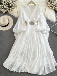 Women Elegant Pleated Long Dress Spring Autumn Sexy V-neck Long Sleeve Chiffon Party Dresses Ladies Slim A-line Long Robe