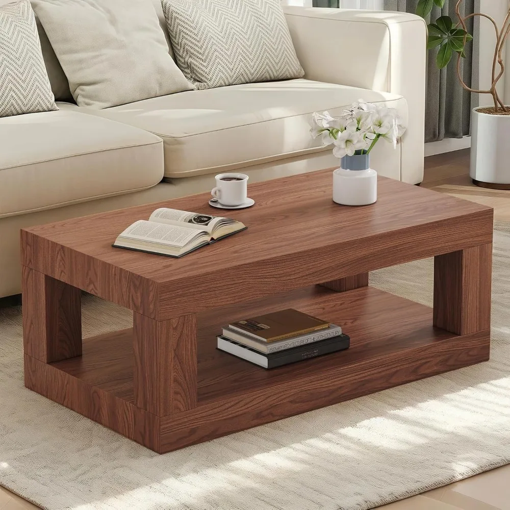 

39.37" Coffee Table with Storage, 2-Tier Mid Century Rectangular Accent Table with Thick Tabletop, Rustic Style Cocktail, Center