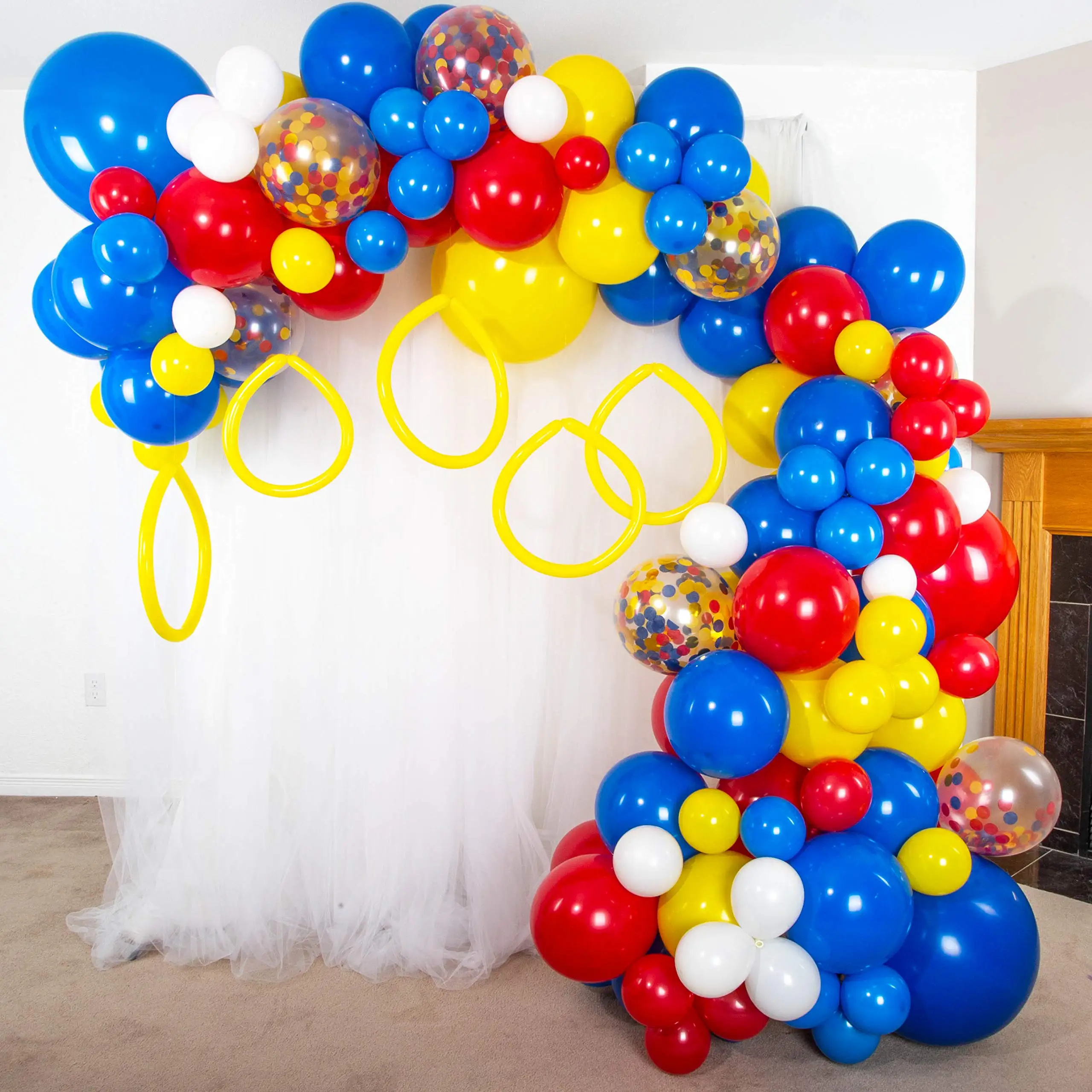 128pcs Confetti Blue, Red, Yellow, White Action Balloons Garland Kit for Boys and Girls Games, Heroes, Birthday Decorations