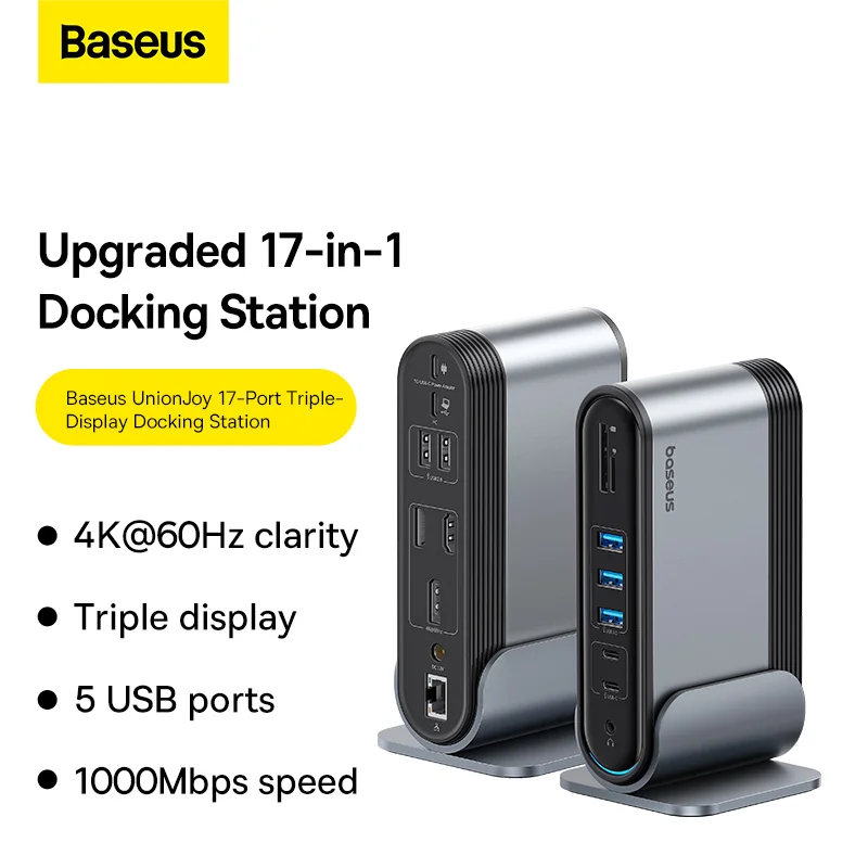 Baseus UnionJoy 17-Port Triple-Display Docking Station Space Grey（USB-C to HDMI4K@60Hz*2+DP4K@60Hz*1+USB3.0*3+USB