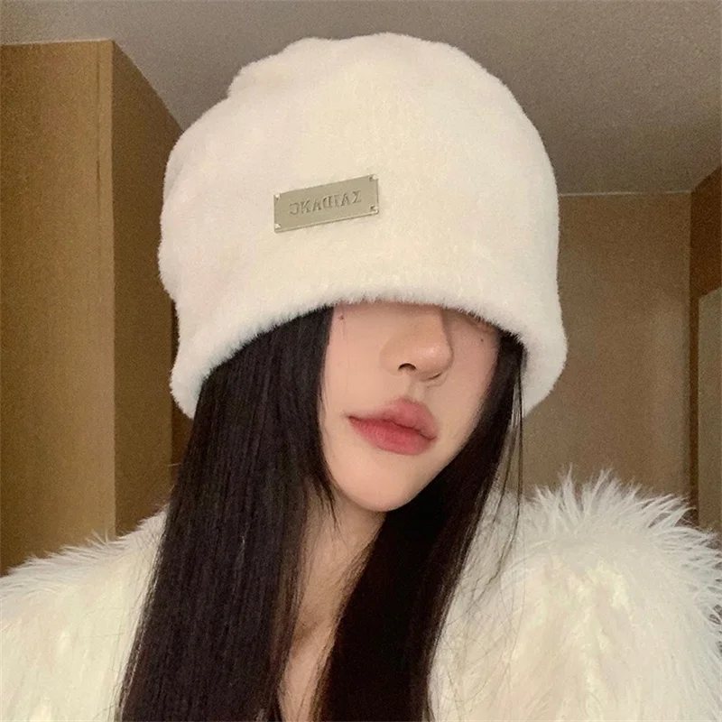 Plush Beanies Hats For Women Winter Warm Solid Baggy Fleece Wool Skullies Hat Outdoor Coldproof Thicken Caps