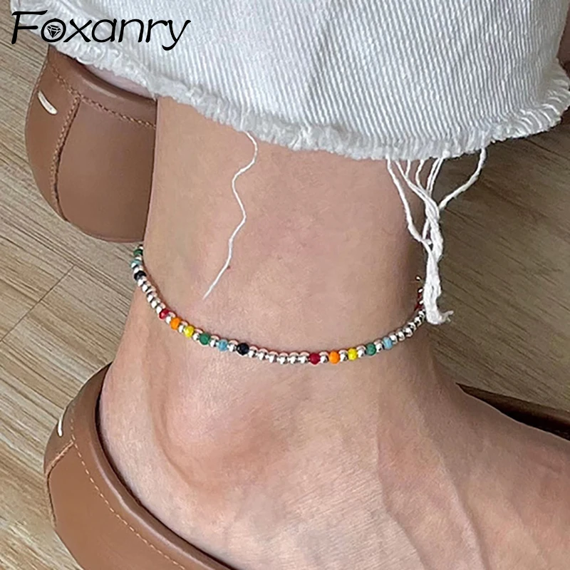 FOXANRY Multicolor Bead Chain Elastic Anklet for Women Couples Summer New Trendy Elegant  Holiday Beach Party Accessories Gifts