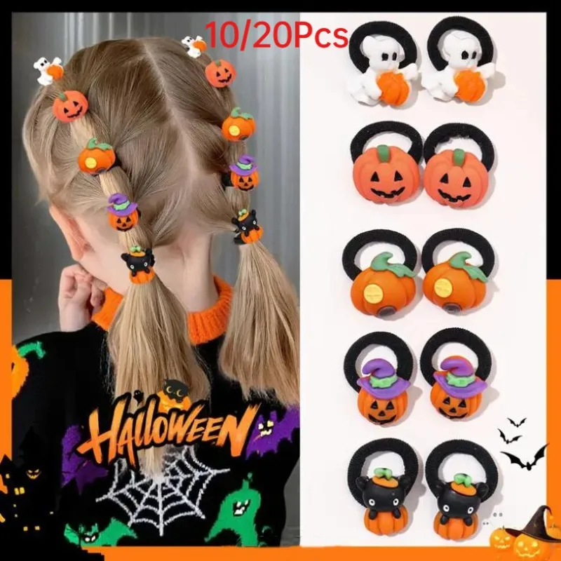 10/20Pcs Kids Halloween Hair Ties Cute Pumpkin Ghost Black Cat Elastic Hair Bands Girls Ponytail Party Hair Accessories