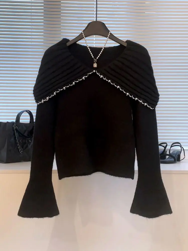 بلوفر كوري أنيق بياقة كبيرة على الطراز الفرنسي القديم بكتف واحد، بلوزة محبوكة بأكمام قصيرة راقية ومتعددة الاستخدامات للنساء #6