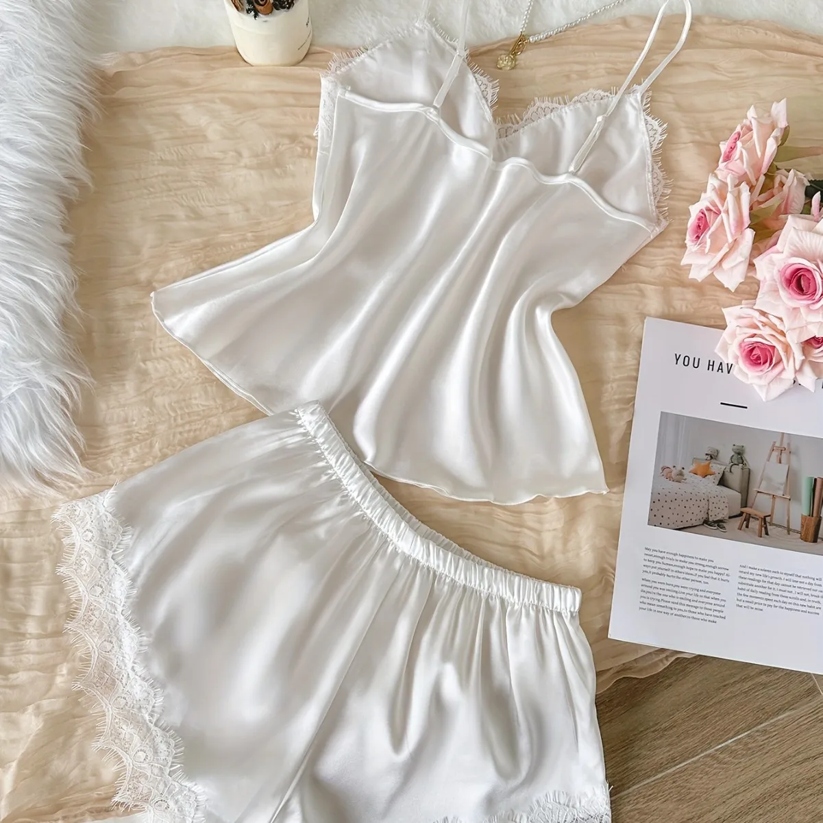 Pure Desire Style Women's Summer Thin Strap Short Pants Lace Two-Piece Set Sexy with Chest Pad Home Clothes Breathable V-Neck