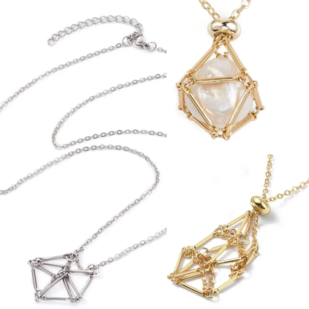 Copper Crystal Holder Cage Necklace Silver Color Interchangeable Crystal Net Metal Necklace Empty Stone Holder Necklace