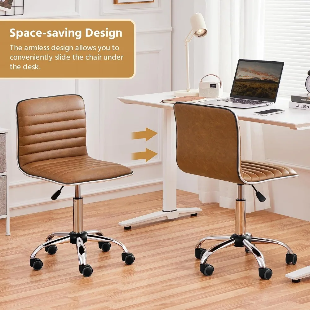 

PU Leather Low Back Armless Desk Chair Ribbed Swivel Task Chair Office Computer Chair with Wheels