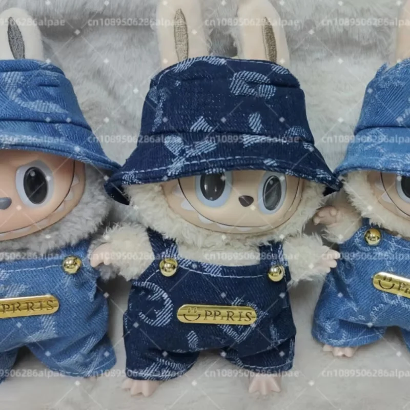 En Stock, nuevo producto, conjunto de vaquero con colgante Labubu de 17cm, sombrero de pescador, pantalones con correa, muñeca de generación V1 V2, juego de vestir, regalos de vacaciones