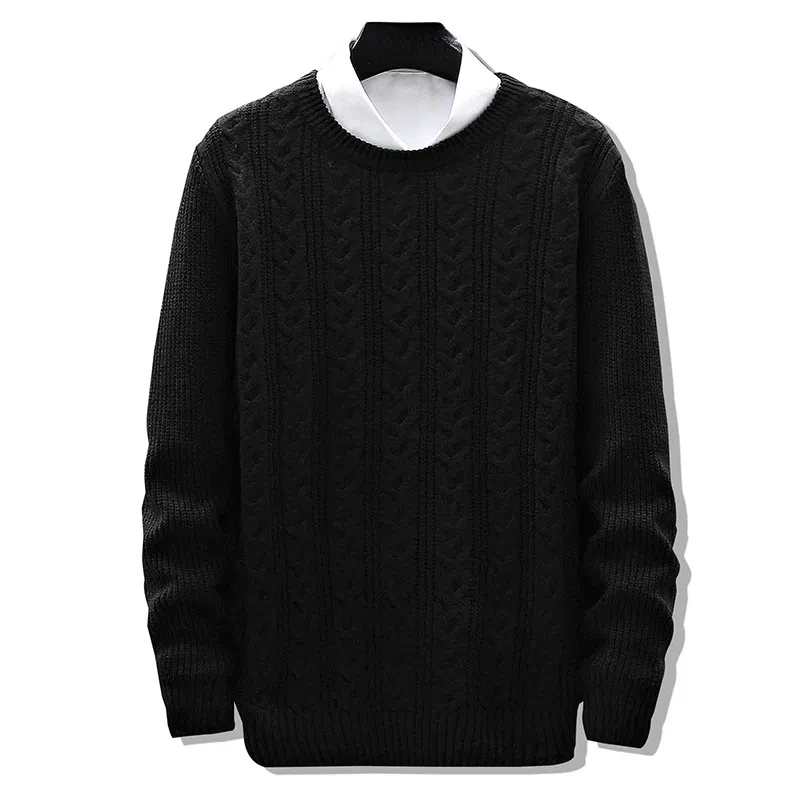 

Autumn Winter Men's Clothing Crew Neck Screw Thread Solid Color Pullover Sweater Knitted Long Sleeve Fake Two Pieces Tops JJ865