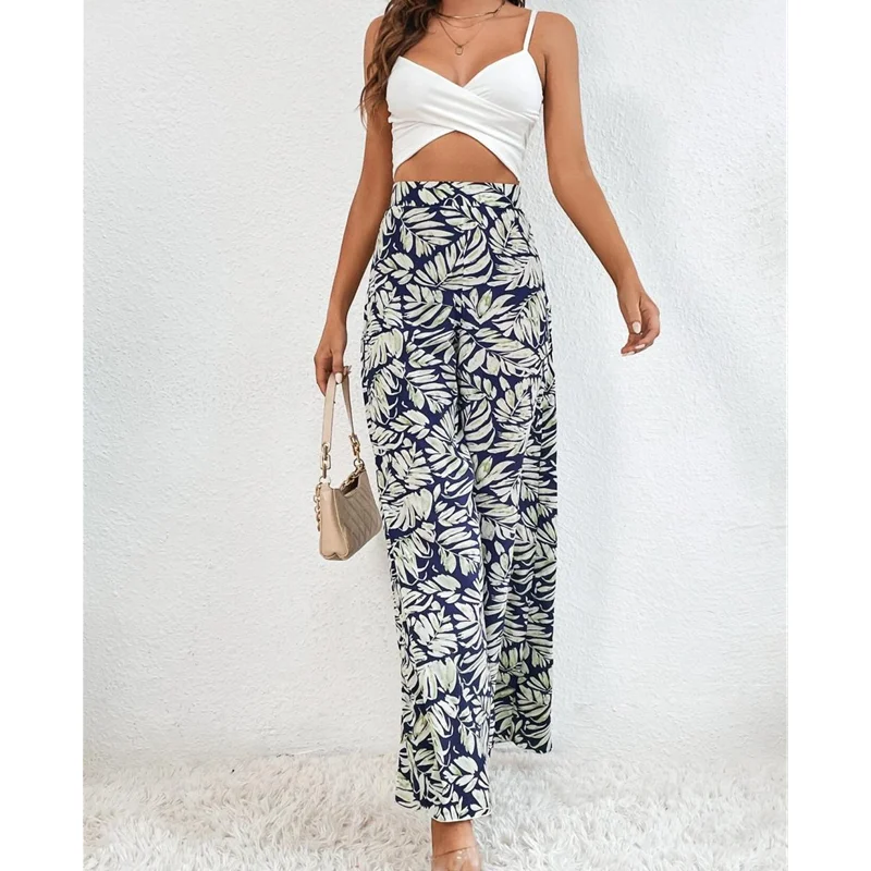 Summer Women's Stretchy Wide Leg Lounge Fragmented Flowers Printing Baggy Pants Casual Comfy High Waist Palazzo Chiffon Pants