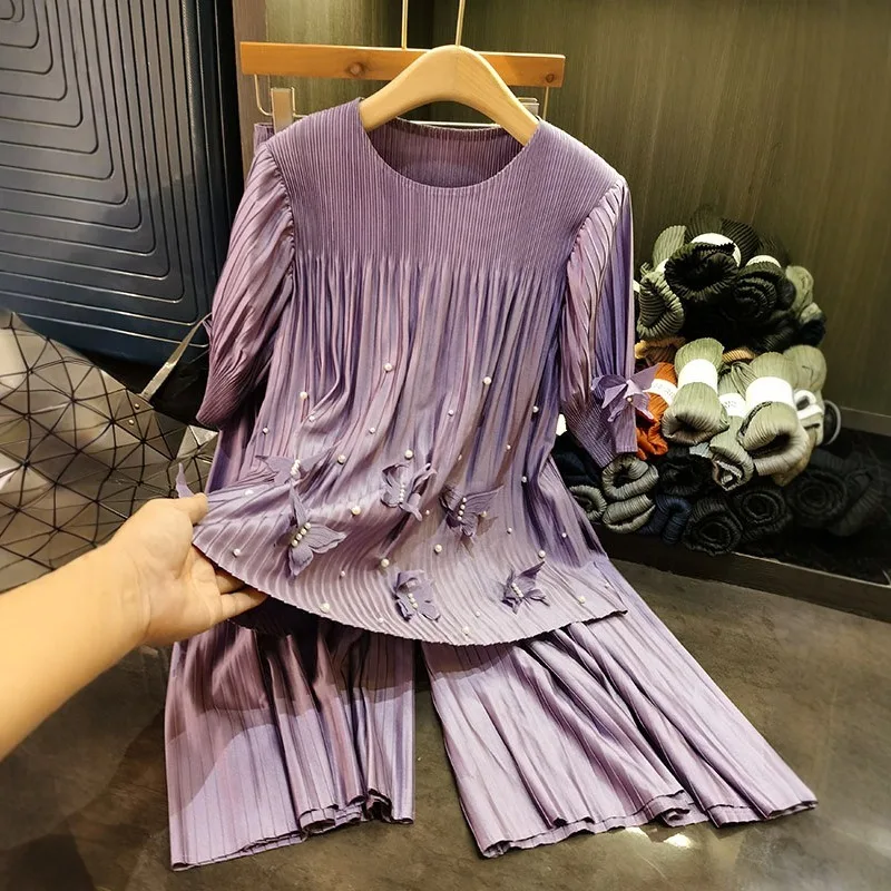 

Miyake Pleated Trousers Set Fold Top Trousers Two-piece Casual Design Solid Colour Three-dimensional Butterfly Beaded Pleat Set