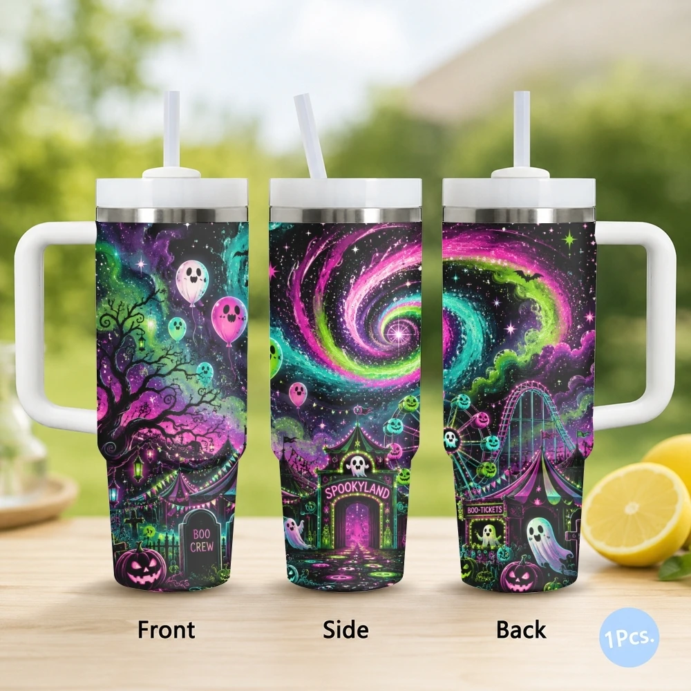 Neon Cemetery Galaxy Vacuum Flasks 40oz Stainless Steel Insulated Tumbler with Handle & Straw Leakproof Travel Mug
