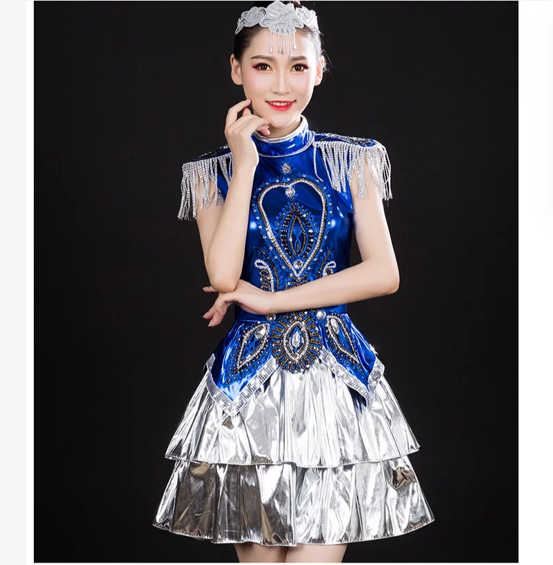 Modern Dance Glitter Performance Dress Female Opening Dance Short Skirt Set