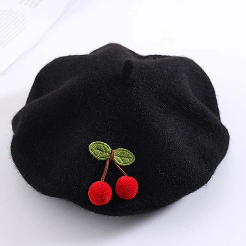 Spring Autumn Winter Girl British Painter Hat Female Wool Fashion Kawaii Red Cherry Women Beret Caps